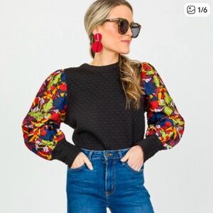 Fate Black Quilted Sweatshirt with Multicolor Floral Puff Sleeves